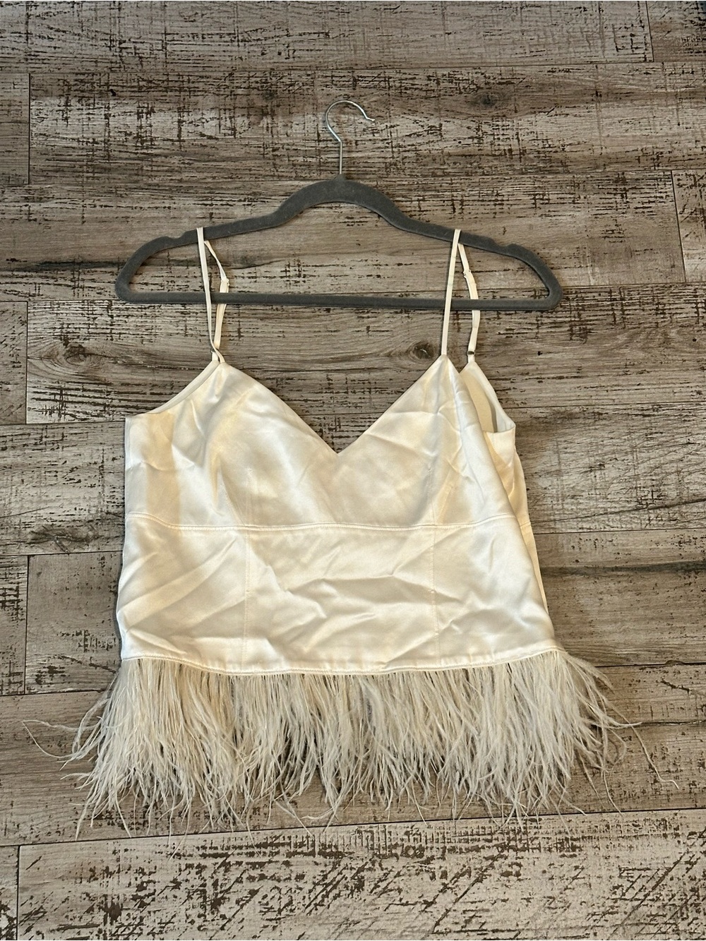 Cinq à Sept Ivory Feather Trim Satin Crop Top – Size S